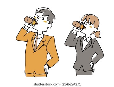 Set office workers drinking energy drinks Comical handwritten person vector  line drawing   color