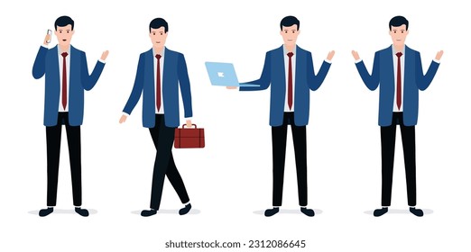 set of office workers making phone calls, carrying briefcases, and carrying laptops. Vector illustration