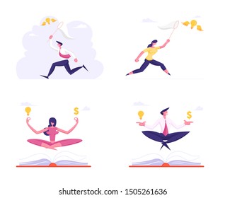 Set of Office Workers Meditating with Dollar Sign and Light Bulb. Businessman and Businesswoman Catching Flying Lightbulb with Butterfly Net, Inspiration Creative Idea. Flat Vector Illustration