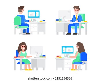 Set of office workers with rear view and front view of positive woman and positive male managers working at office desk on white background. Vector illustration