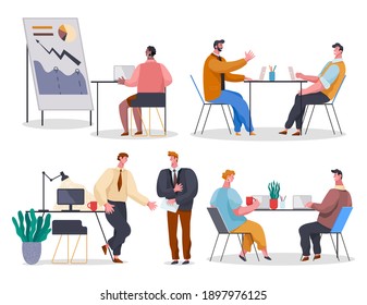 Set of office workers. Woman studying analytics at laptop. Colleagues discuss project at table. Employees gossip while coffee break. Woman and man communicate in office. Cartoon flat characters