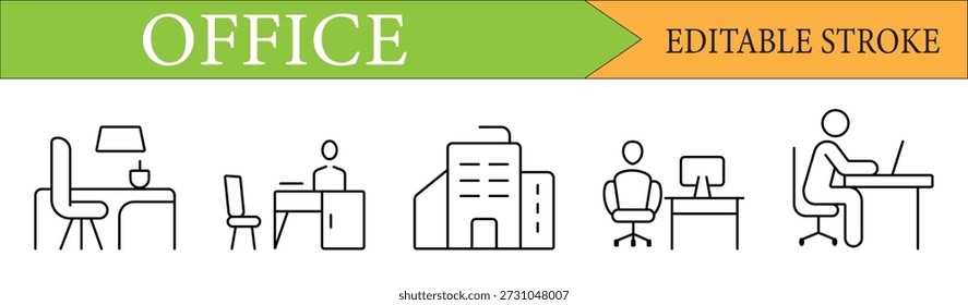 Set of Office and Workspace Icons with Editable Stroke for Business and Professional Design.
