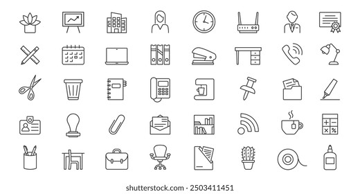 Set of office and workspace icons set. Office tools, supply,  stationary, coworking. Vector.