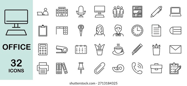 Symbol für Büro- und Arbeitsbereichszeile. Arbeitsplatz, Schreibwaren und Mitarbeiter. Vektorgrafik.