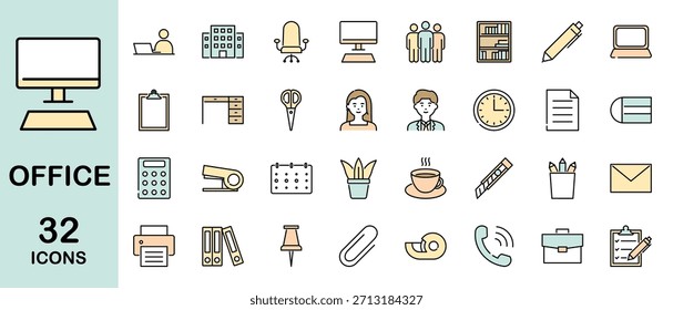 Set of office and workspace line icon. Workplace, stationery and employee. Colored vector illustration.