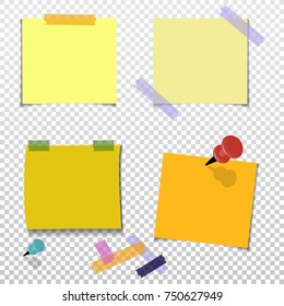 Set office Yellow paper note with sticky tape, isolated on transparent background. Template for your projects. Vector