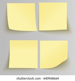 Set of office yellow sticky stickers with shadow isolated on a transparent background. Vector yellow post notes template.