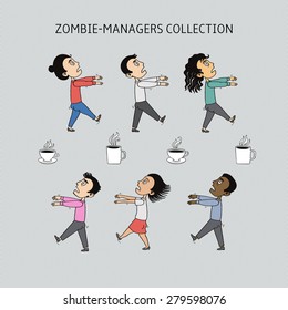 Set and office zombies   coffee mugs  Hand drawn vector illustration 