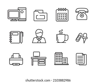 Set of office-related icons in linear style isolated on white background