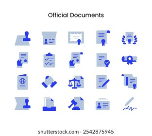 Conjunto de documentos oficiales relacionados con iconos. Contiene iconos como diploma, pasaporte, certificación y más. Editable.