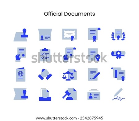 Set of Official Documents Related Icons. Contains such icons as Diploma, Passport, Certification and more. Editable.