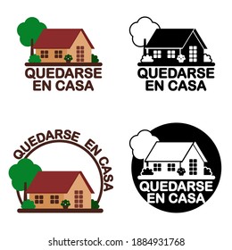 A set offlat icon design with wording STAY HOME in Spanish under a cute little house. It’s followed the COVID19 campaign to stop spreading the virus.