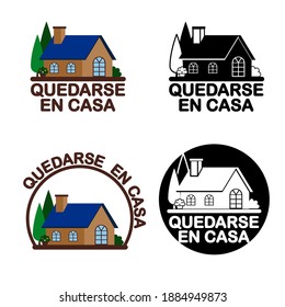 A set offlat icon design with wording STAY HOME in Spanish under a cute little house. It’s followed the COVID19 campaign to stop spreading the virus.