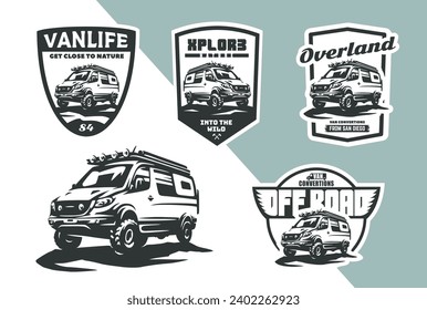 Set of offroad camper van emblems and logo. Logotype for van conversion company. Converted van for offroad expeditions. Hand drawn, not AI.