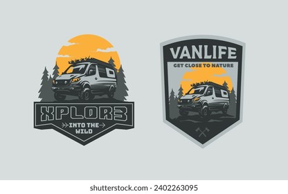 Set of offroad camper van emblems and logo. Logotype for van conversion company. Converted van for offroad expeditions. Hand drawn, not AI.