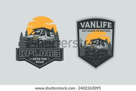 Set of offroad camper van emblems and logo. Logotype for van conversion company. Converted van for offroad expeditions. Hand drawn, not AI.