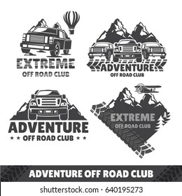 Set of off-road cars, vector set. Logos for travel and recreation, Cars on the background of mountains and balloons. Extreme travel