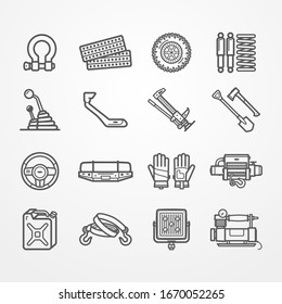 Set of off-road and overland car equipment icons. Shackle sand track wheel suspension gearbox snorkel jack shovel hatchet bumper gloves winch fuel tow strap light compressor. Vector stock image.