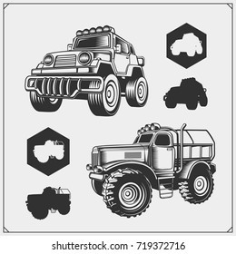 Set of off-road suv car illustrations and silhouettes.