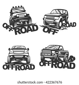 Set offroad suv car monochrome labels, emblems, badges or logos isolated on white background. Off-roading trip 4x4 extreme club. Vector EPS10.