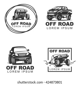 Set offroad suv car monochrome labels, emblems, badges or logos isolated on white background. Off-roading trip 4x4 extreme club. Vector EPS10.