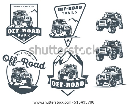 Set of off-road suv car monochrome logo, emblems and badges isolated on white background. Rock crawler car in mountains. Off-roading 4x4 trip emblems.