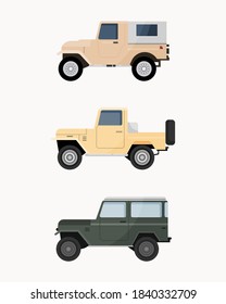 Aparcamiento de vehículos todo terreno. Ilustración vectorial de vehículos fuera de carretera. 
