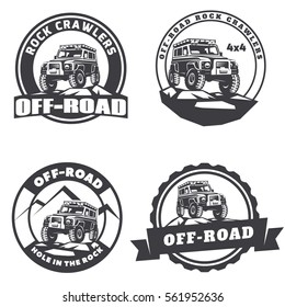 Set of off-road suv car round logo, emblems and badges. Rock crawler car in mountains. Off-roading 4x4 trip emblems.