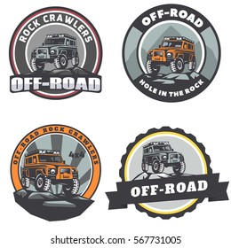 Set of off-road suv car round logo, emblems and badges.Rock crawler car standing on stones.