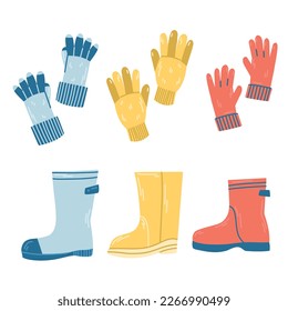 A set of off-season gloves and rubber boots in bright colors. Set of paired objects