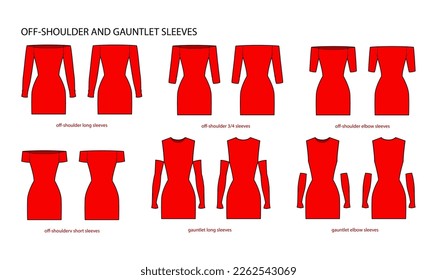 Set of Off-shoulder and gauntlet sleeves clothes long, short, elbow, 3-4 length technical fashion illustration with fitted body. Flat apparel template front, back sides. Women, men unisex CAD mockup
