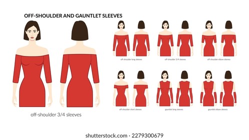 Set of Off-shoulder and gauntlet sleeves clothes long, short, elbow, 3-4 length technical fashion illustration with fitted body. Flat apparel template front, back sides. Women, men unisex CAD mockup