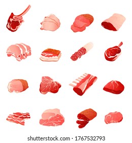 Set Ofmeat Cuts Assortment - Beef, Pork, Lamb, Round Steak, Boneless Rump, Whole Leg, Rib Roast, Loin And Rib Chops, Rustic Belly, Ground Meat, Meat Cubes For Stew. Isolated On White.
