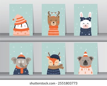 Set ofMerry christmas  background with cute animal,Lovely cartoon background with holiday symbols,Vector illustrations.