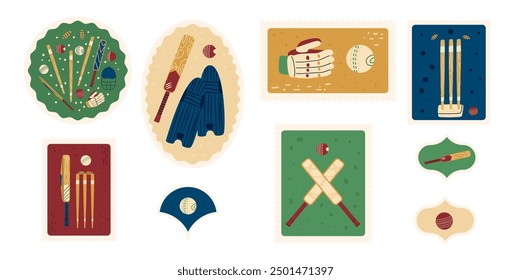 Set of-themed stamps featuring isolated on white background. Glove, ball, bat, helmet and leg pads Vector hand drawn collection