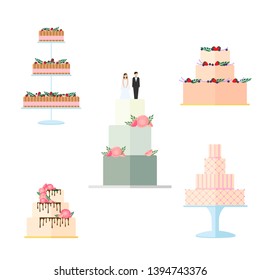 Set ofWedding cakes with floral decoration isolated on a white background. Wedding pie with bows and toppers bride and groom illustration