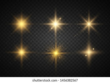 Set ofyellow  glowing light explodes on a transparent background Sparkling magical dust particles. Star burst with sparkles. Gold glitter Bright Star. Transparent shining sun, bright flash Vector 
