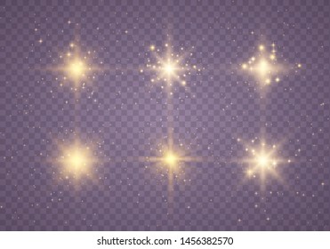 Set ofyellow  glowing light explodes on a transparent background Sparkling magical dust particles. Star burst with sparkles. Gold glitter Bright Star. Transparent shining sun, bright flash Vector 