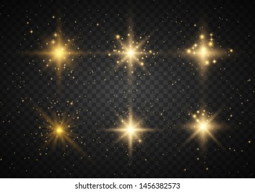 Set ofyellow  glowing light explodes on a transparent background Sparkling magical dust particles. Star burst with sparkles. Gold glitter Bright Star. Transparent shining sun, bright flash Vector 