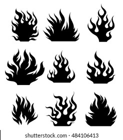 Set og black and white fire design elements for tattoo.