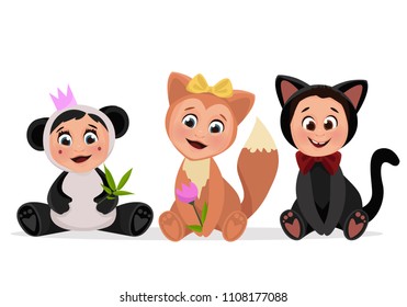 Set og cute childs dressed in a fox dress. Vector illustration isolated on white background.