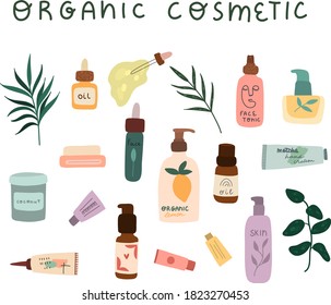 Establezca un conjunto de botellas coloridas de cosméticos orgánicos, frasco y tubos. Colección de productos de cuidado de la piel sobre fondo blanco.Ilustración dibujada a mano por vectores.