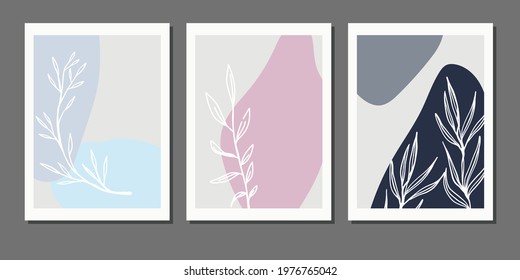 Set og simple posters with botanical element. Posters with shapes and floral elements for wall decoration. Set of minimalistic prints for wall decor.