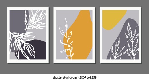 Set og simple posters with botanical element. Posters with shapes and floral elements for wall decoration. Set of minimalistic prints for wall decor.