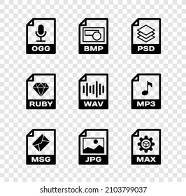 Set OGG file document, BMP, PSD, MSG, JPG and MAX icon. Vector