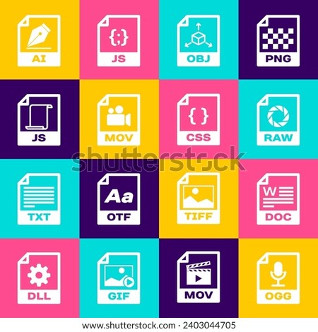 Set OGG file document, DOC, RAW, OBJ, MOV and JS icon. Vector