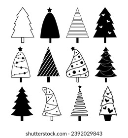 Set oh Christmas trees Original Pine Tree Black and White silhouette