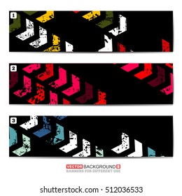 Set oh three color abstract banners with arrows and grunge elements, Shapes for different design, web use. vector illustration