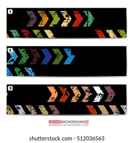 Set oh three color abstract banners with arrows and grunge elements, Shapes for different design, web use. vector illustration