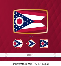 Set of Ohio flags with gold frame for use at sporting events on a burgundy abstract background. Vector collection of flags.